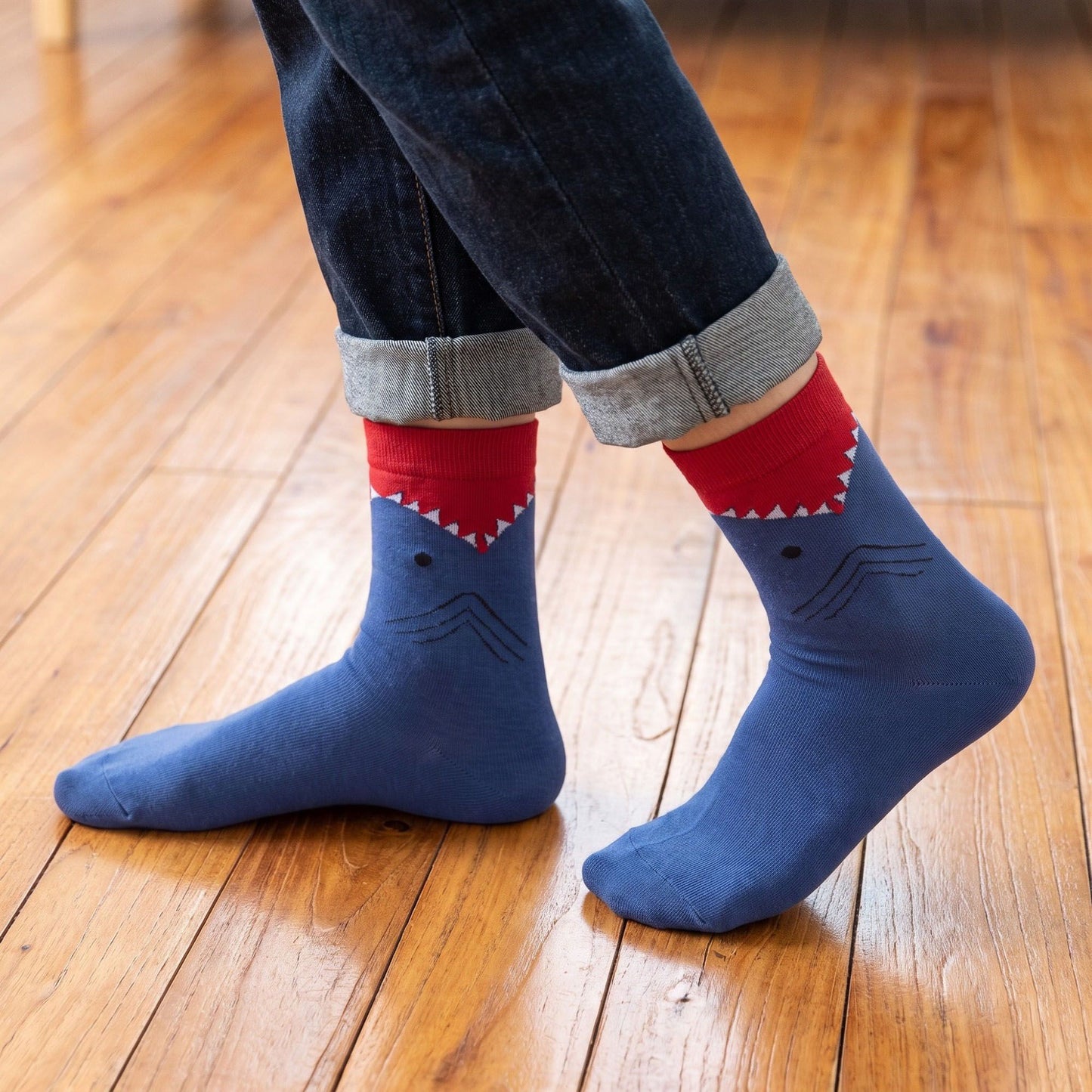 6 Pair Shark Graphic Crew Socks with Contrast Red Cuffs