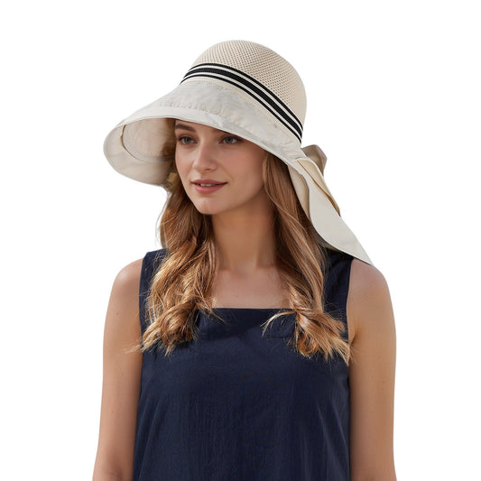 Wide Brim Mesh Sun Hat with Back Bow UV Protection Foldable Travel Hat for Women Outdoor Summer Style
