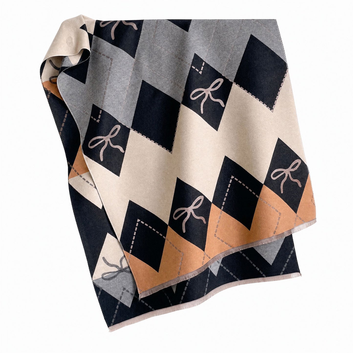 Argyle Bow Print Oversized Scarf Soft Wrap Shawl with Fringe Edge 70.8*25.6 Inches