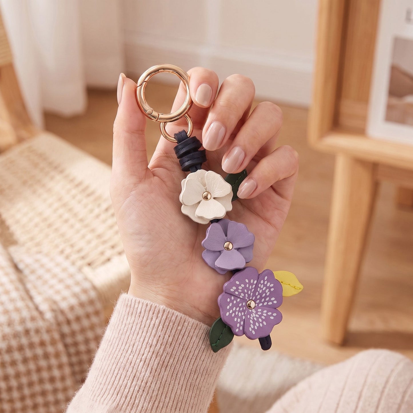 Floral Bag Charm with Three Dimensional Flowers and Key Ring
