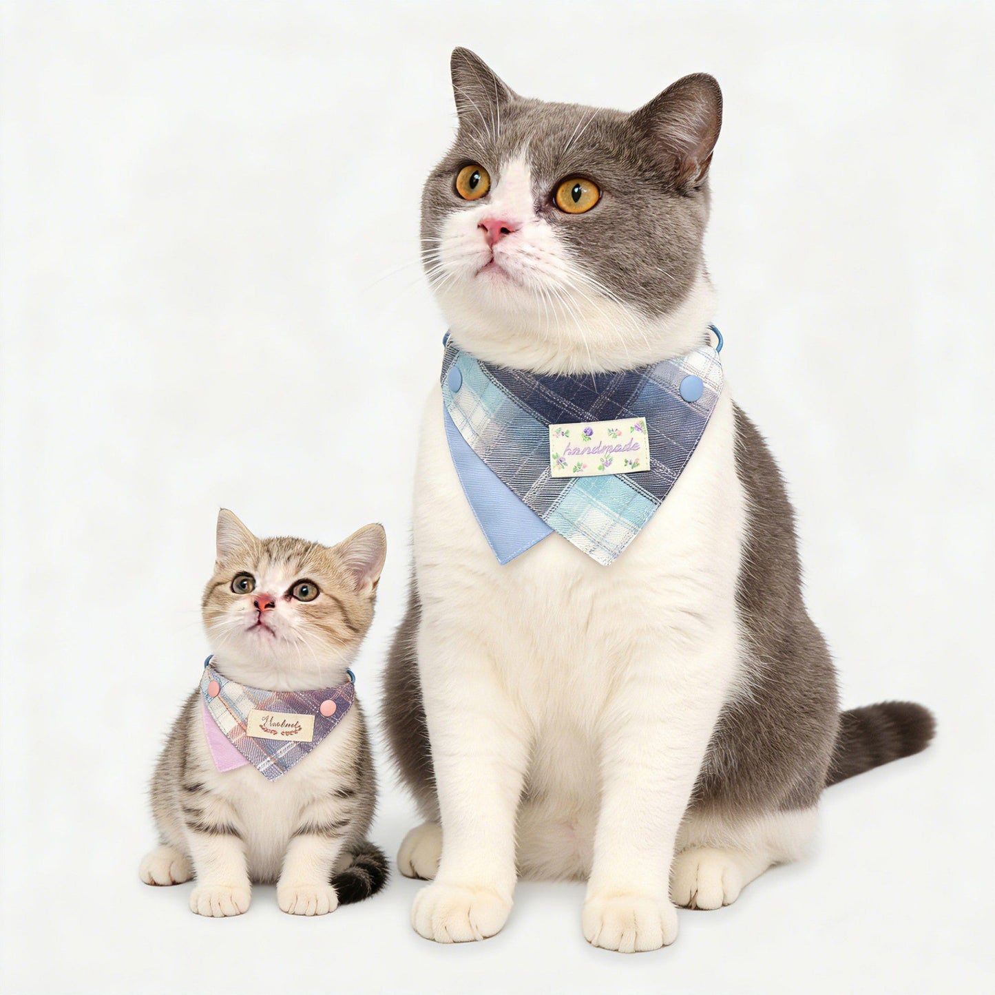 Pet Bandana Collar Soft Adjustable Plaid Scarf with Button Closure and Decorative Patch Design