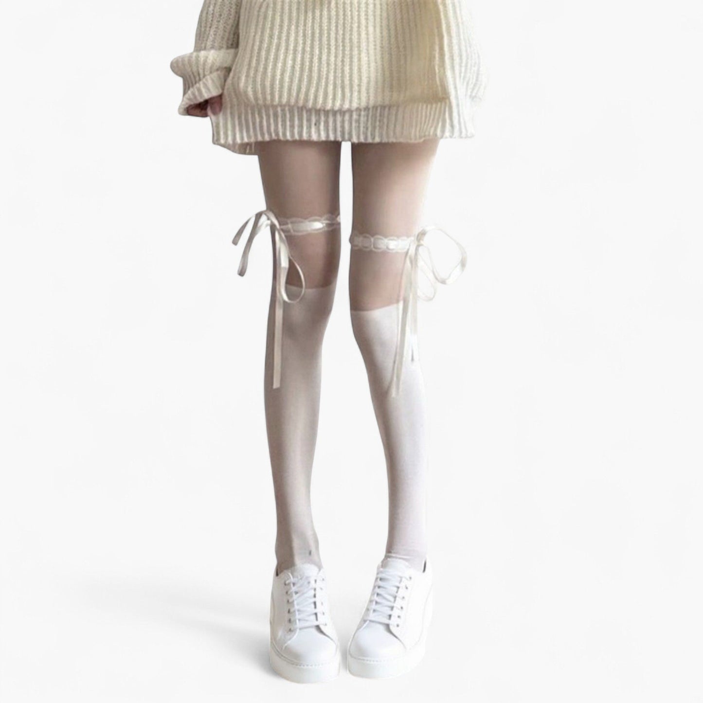 Sheer Over-the-Knee Tights with Satin Ribbon Bow and Scalloped Edge Design