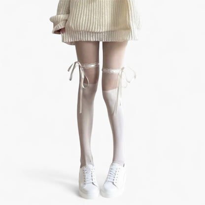 Sheer Over-the-Knee Tights with Satin Ribbon Bow and Scalloped Edge Design
