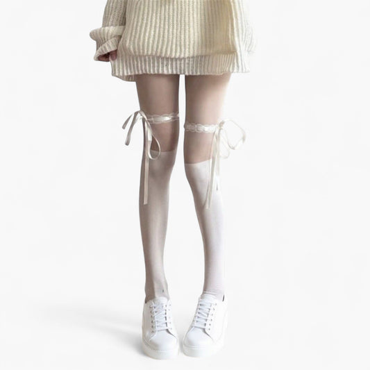 Sheer Over-the-Knee Tights with Satin Ribbon Bow and Scalloped Edge Design