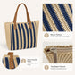 Crochet Look Striped Tote Bag with Faux Leather Shoulder Straps