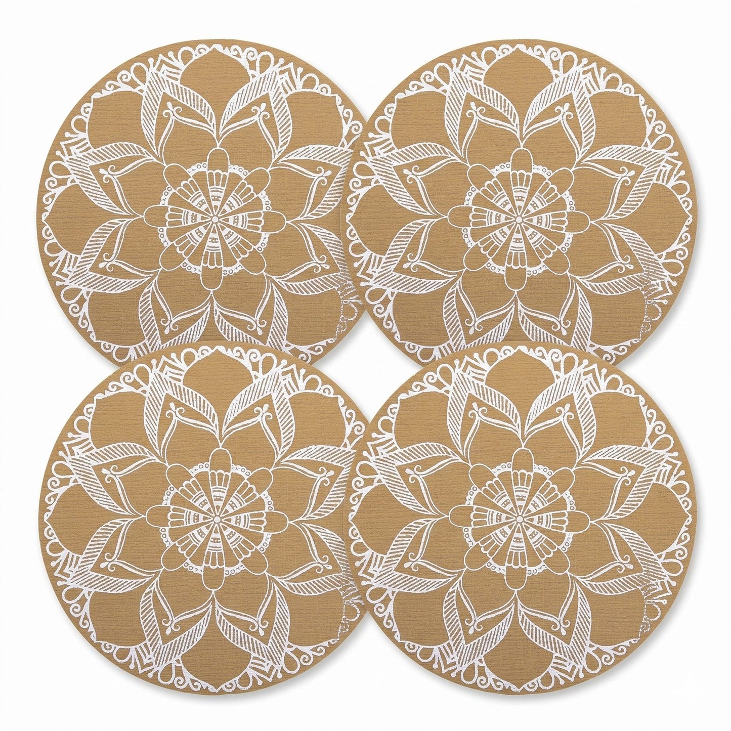4 Piece Mandala Placemat Set Metallic PVC Heat Resistant Round Table Mats for Dining Table