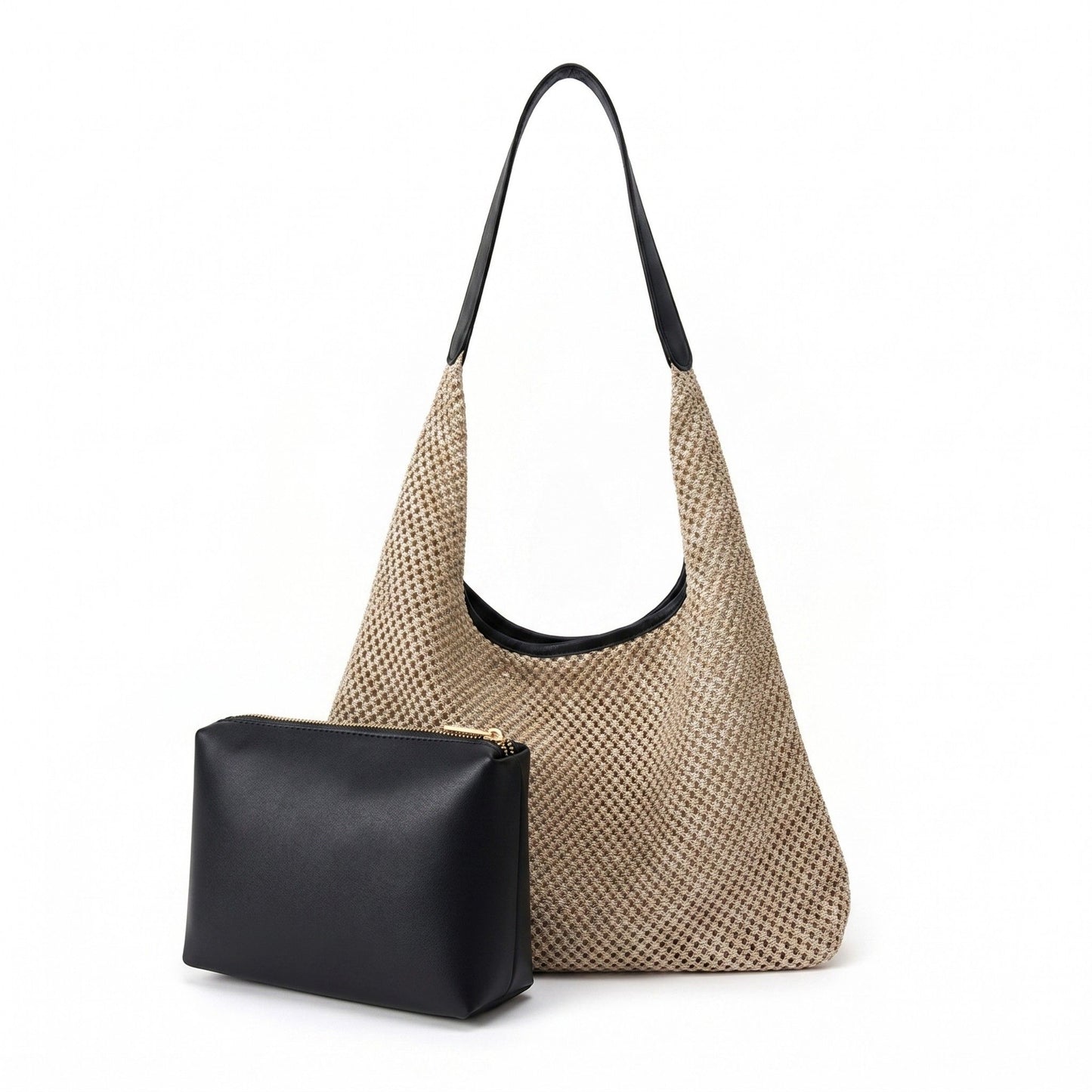 Woven Straw Hobo Shoulder Bag with Smooth Strap Lightweight Crochet Knit Slouchy Tote Bag