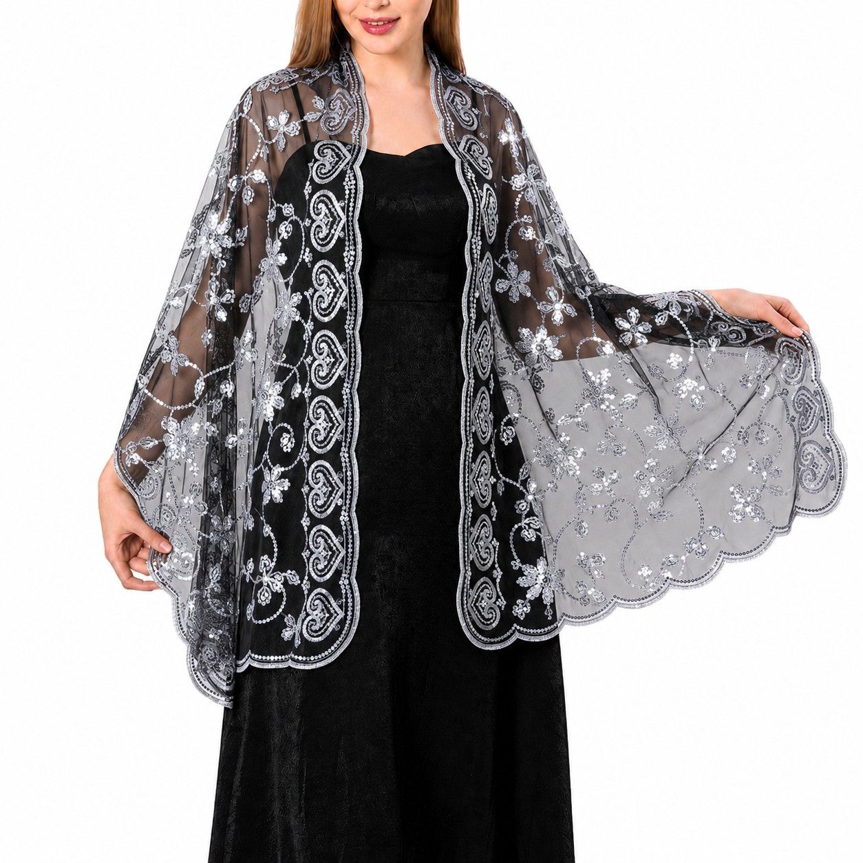 Embroidered Sequin Mesh Shawl Wrap Sheer Floral Scarf Scalloped Edge