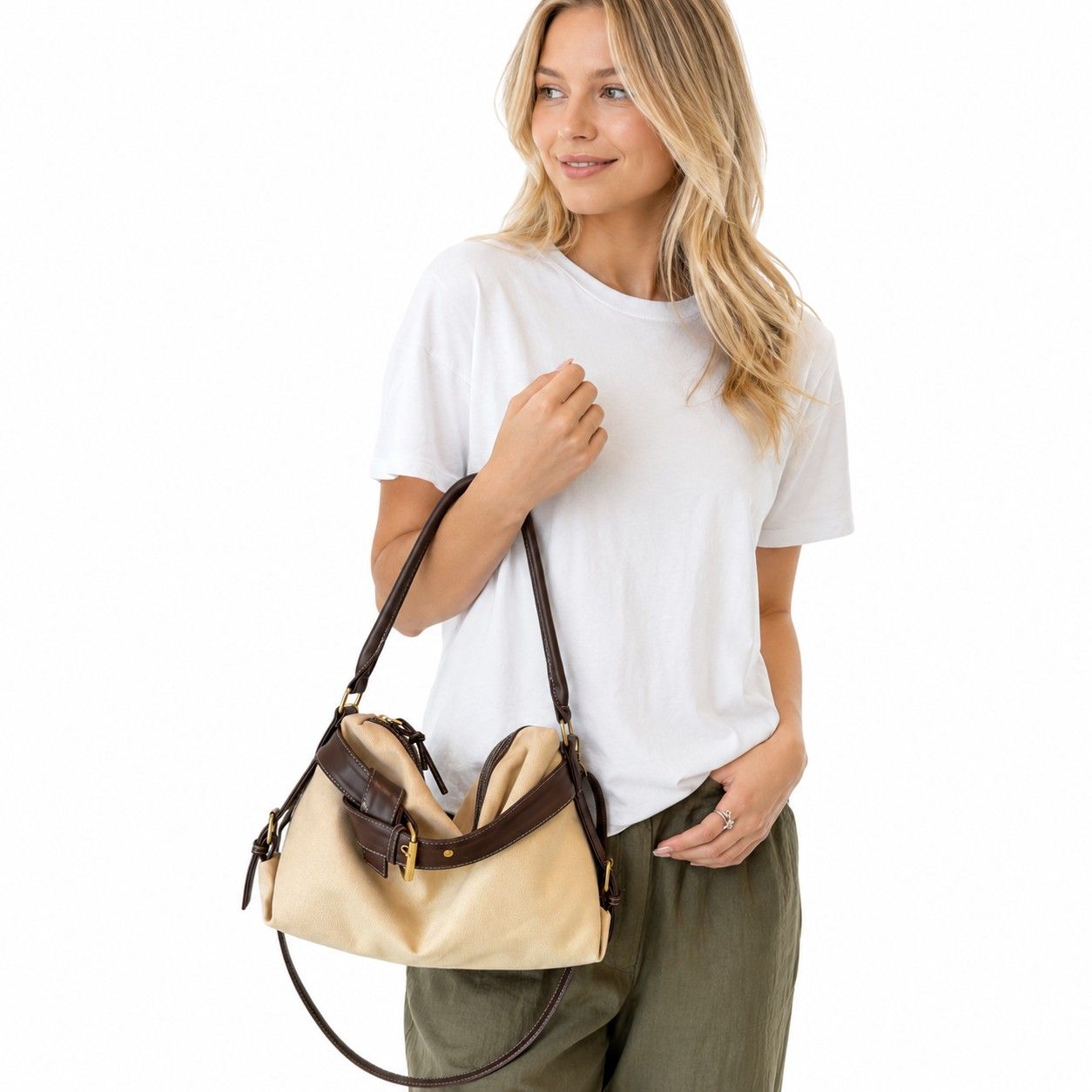 Slouchy Shoulder Hobo Bag with Adjustable Strap Buckle Detail and Inner Zip Pocket