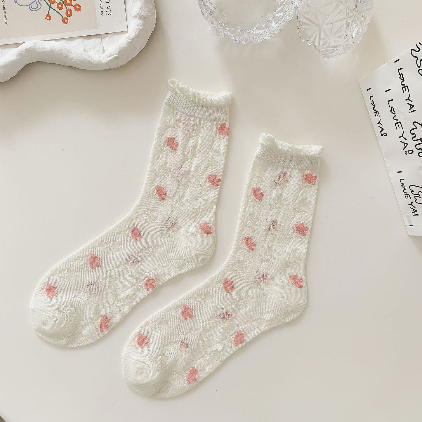 Sheer Floral Embroidered Ankle Socks with Ruffle Cuff 6Pk