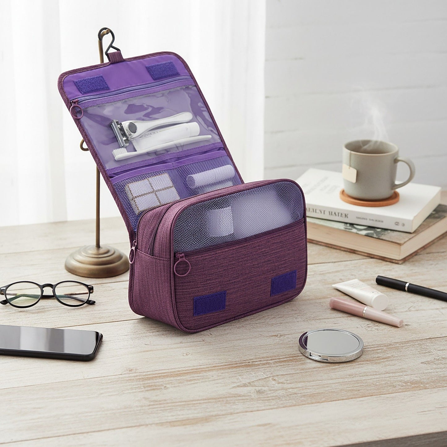 Hanging Toiletry Bag with Multiple Compartments Zipper Closure Travel Organizer Cosmetic Storage Case Portable