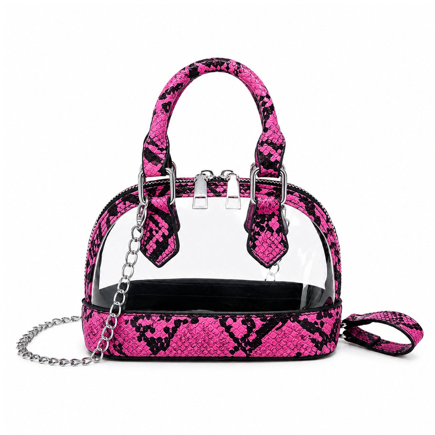 Clear PVC Mini Crossbody Satchel Bag with Print Trim and Chain Strap