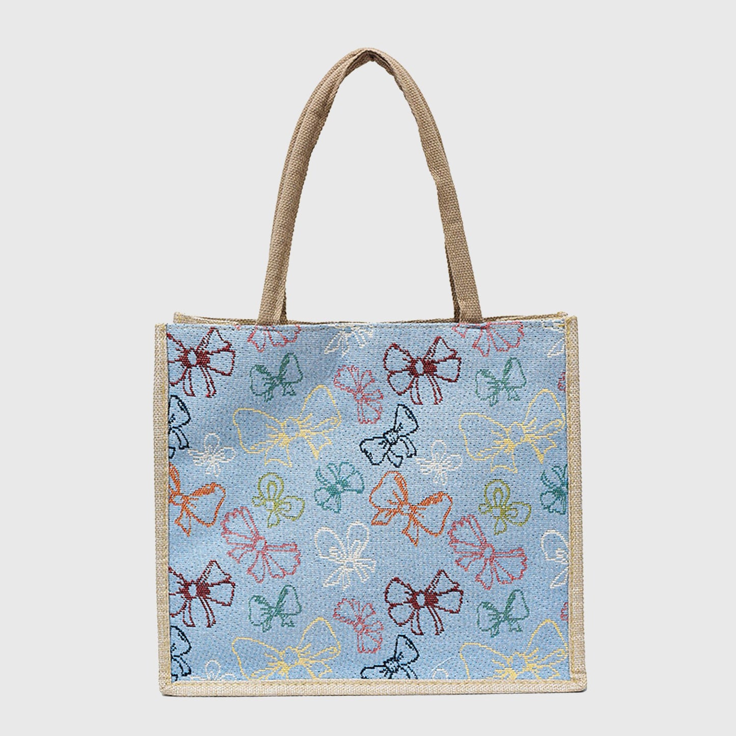 Canvas Tote Bag with Colorful Bow Print - Lightweight Shopping Handbag
