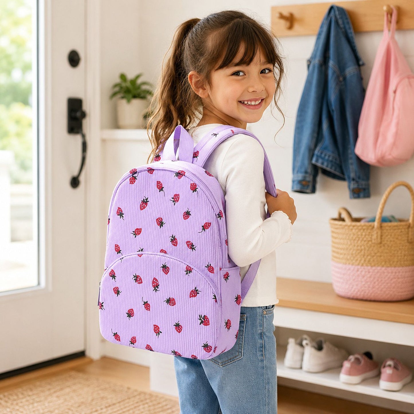 Printed Ribbed Mini Backpack with Front Pocket