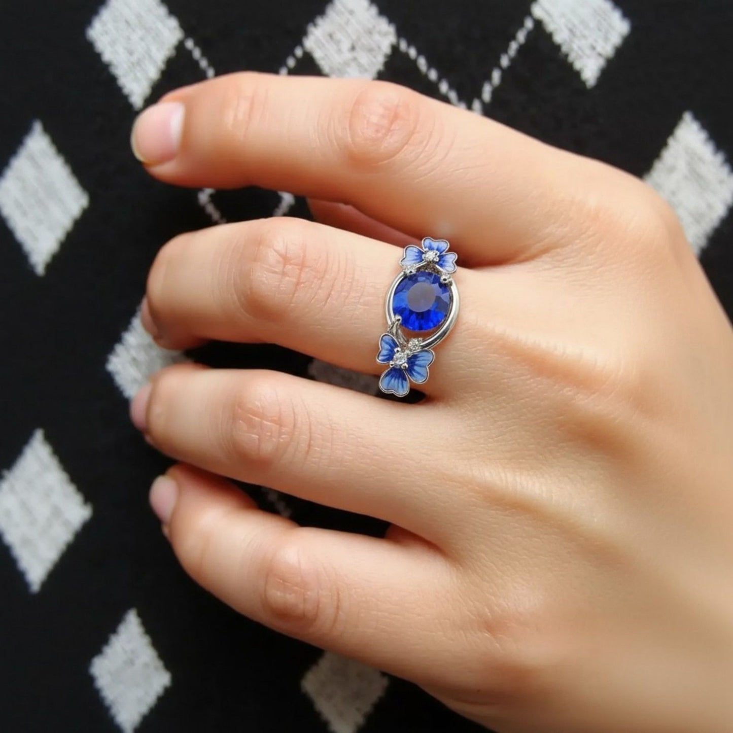 Women's Oval Gemstone Ring with Crystal Butterfly Accents and Floral Design