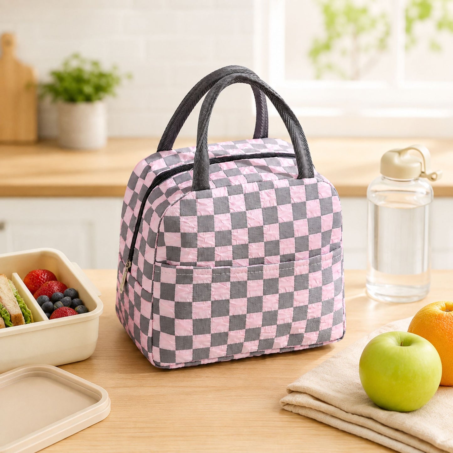 Checkered Insulated Lunch Bag Reusable Zipper Tote with Front Pocket