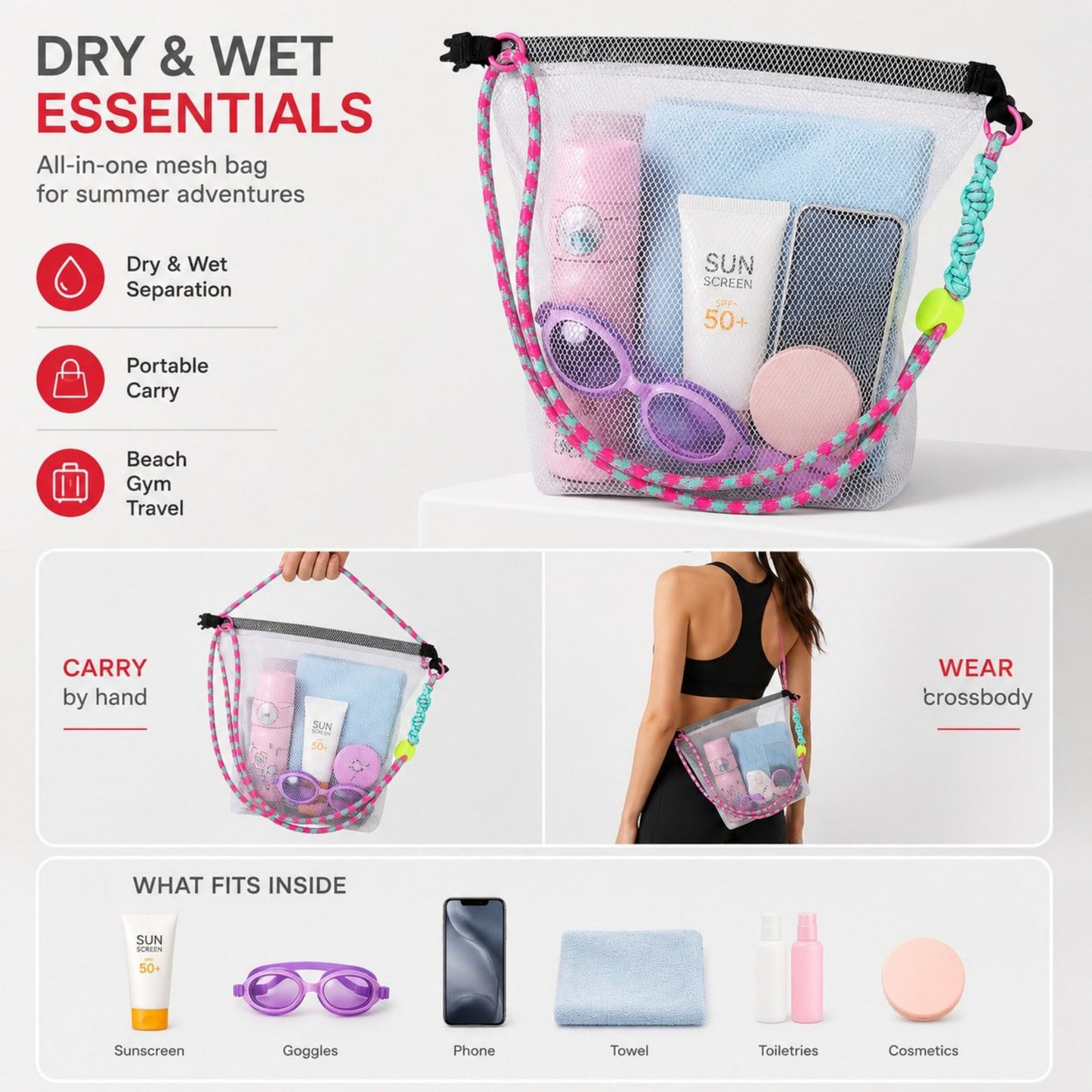 Mesh Wet Dry Crossbody Beach Bag with Adjustable Strap
