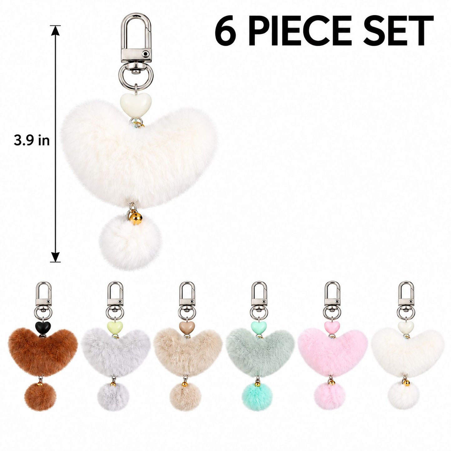 Fluffy Heart Pom-Pom Keychain Cute Faux Fur Bag Charm Set