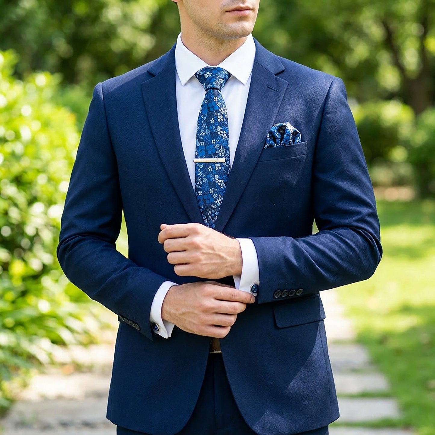 Men's Rose Floral Tie Gift Set with Matching Pocket Square Cufflinks and Silver Tie Clip