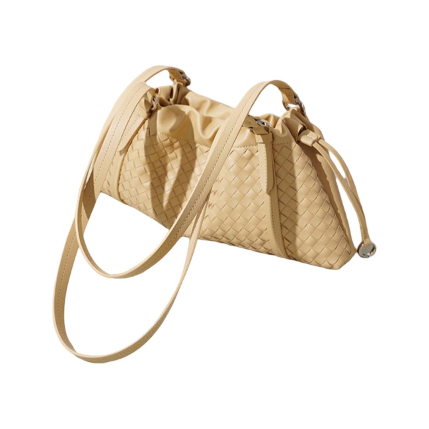 Woven Leather Shoulder Satchel with Ruched Top Detail Long Straps and Slouchy Shape