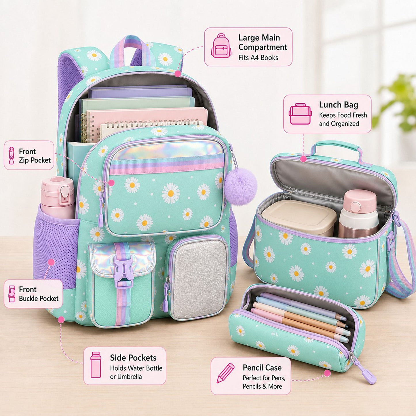 3pc Daisy Print School Backpack Lunch Bag Pencil Case Set
