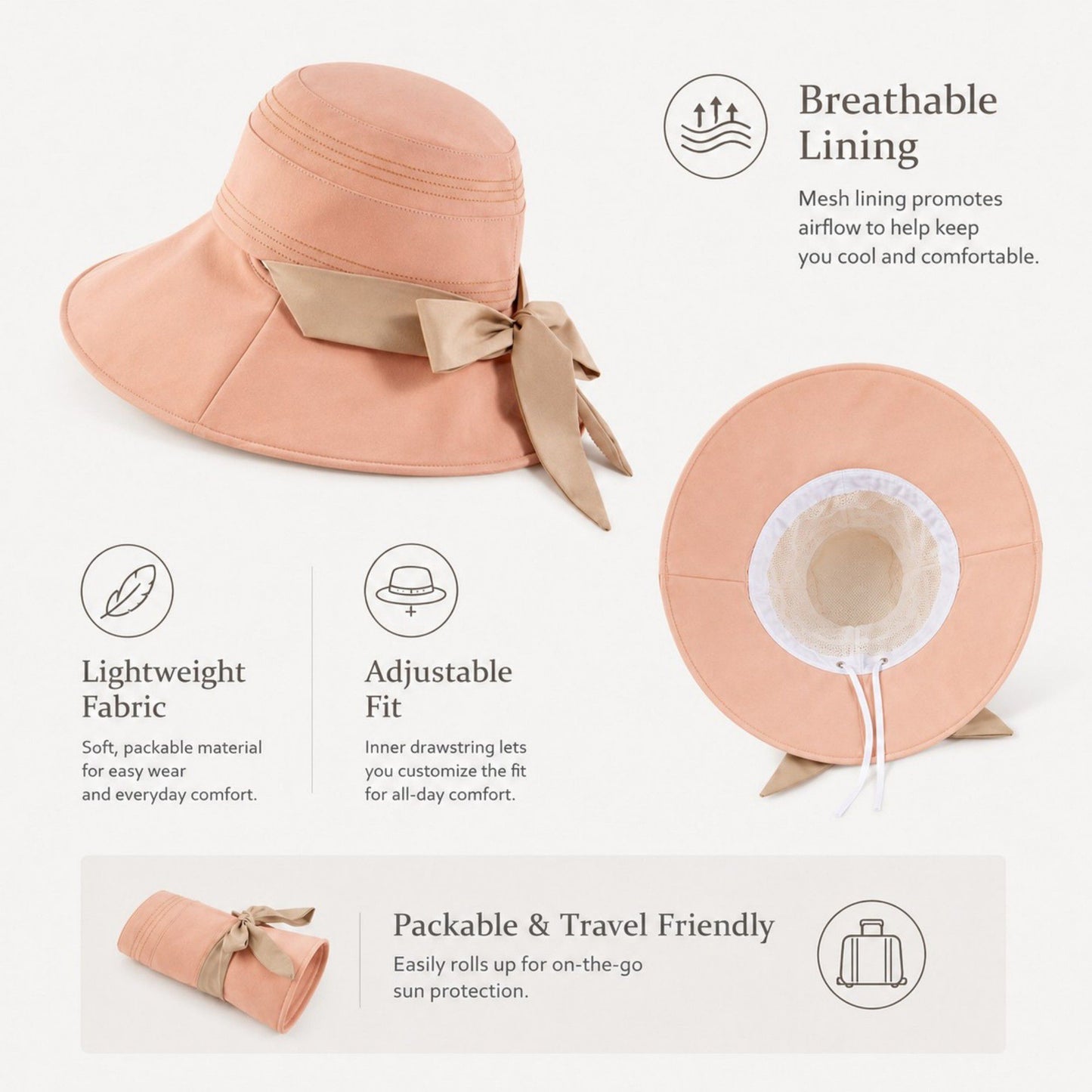 Wide Brim Sun Hat with Bow Accent Stitched Crown and Soft Structured Brim
