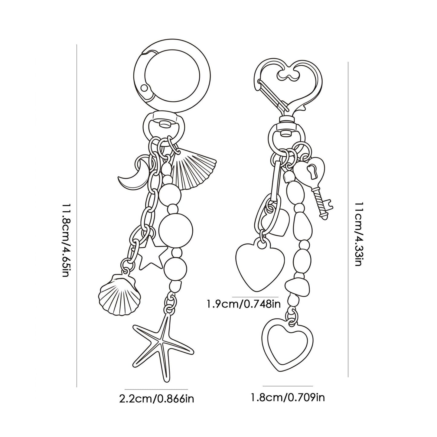 Gold-Tone Ocean & Heart Multi-Charm Bag Charm Key Chain Set 2 Pair