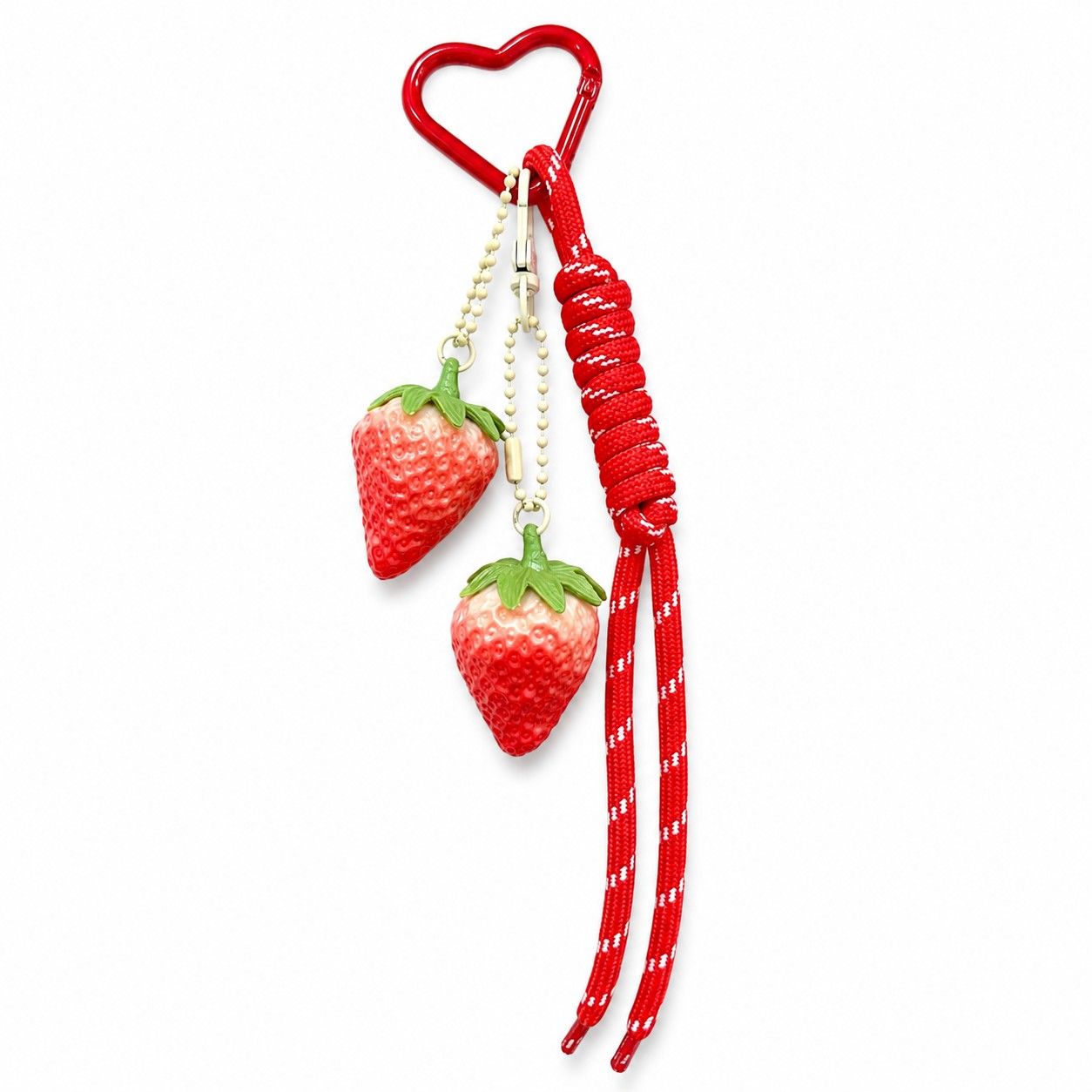 3D Strawberry Bag Charm Keychain with Heart Clasp and Braided Cord Tails
