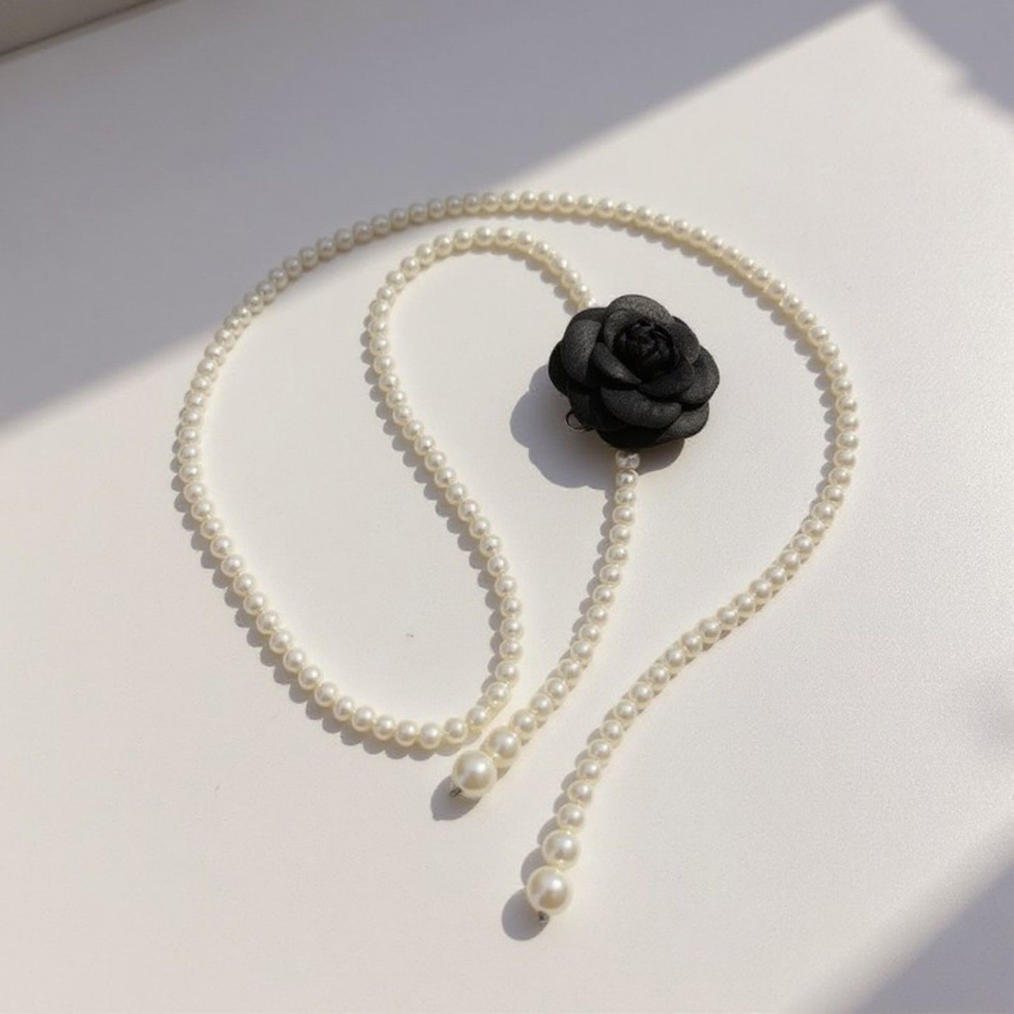 Faux Pearl Beaded Belt with Fabric Rose Accent and Drop Strand Detail 49in