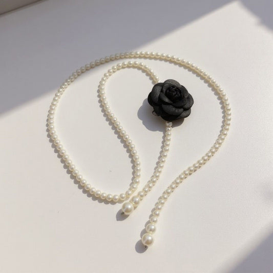 Faux Pearl Beaded Belt with Fabric Rose Accent and Drop Strand Detail 49in