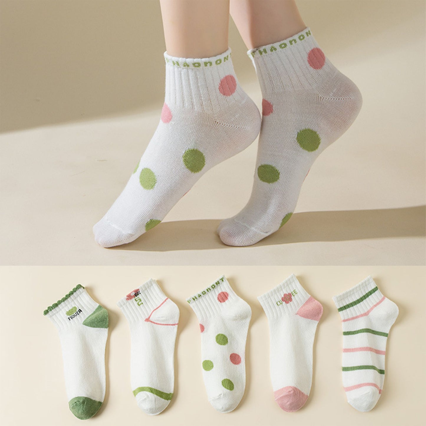 5 Pairs Women's Low Cut Ankle Socks with Polka Dot and Stripe Patterns Soft Cotton Anti-Pilling Casual Everyday Style
