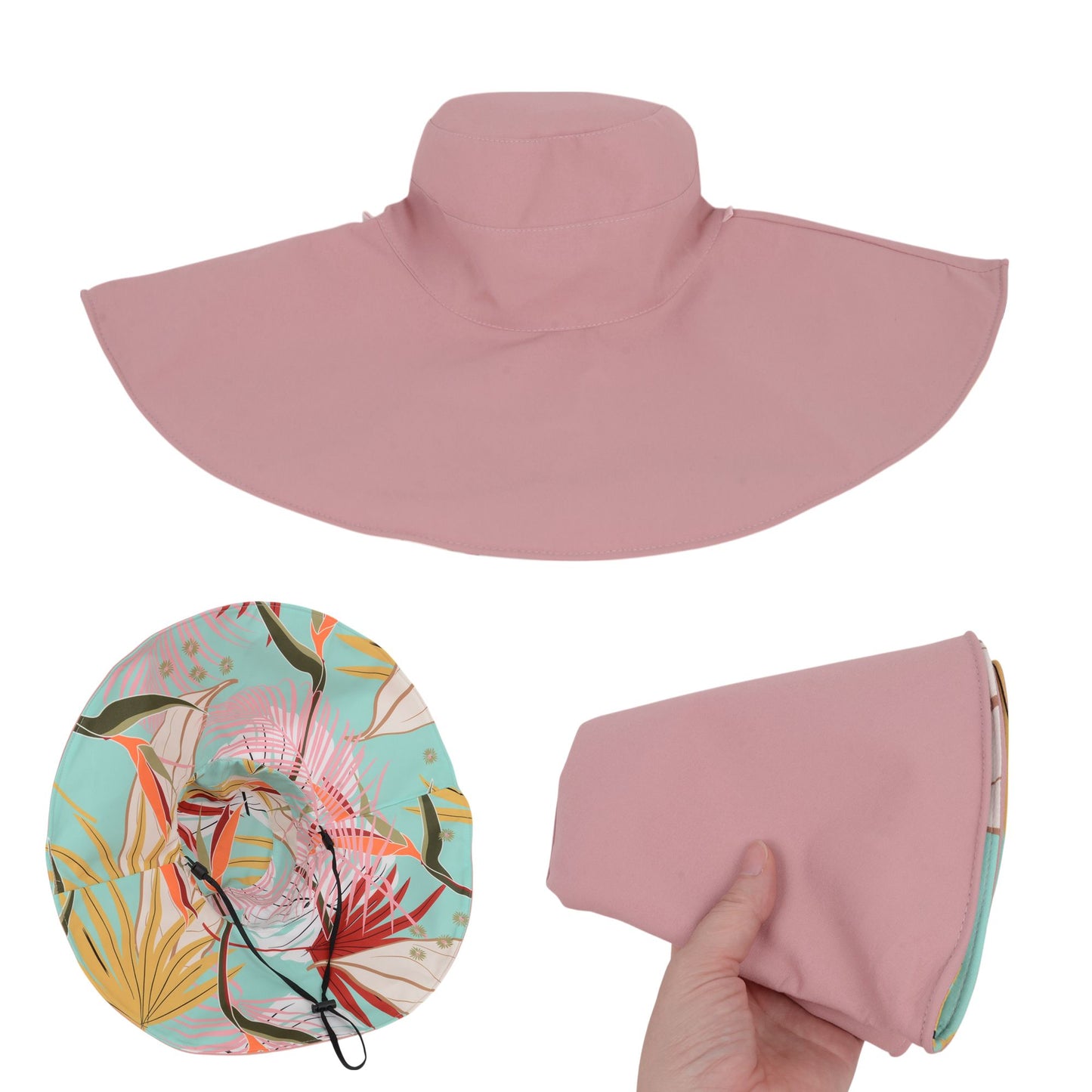 Wide Brim Floppy Sun Hat with Colorful Printed Underside UV Protection Lightweight Foldable Design for Outdoor Use