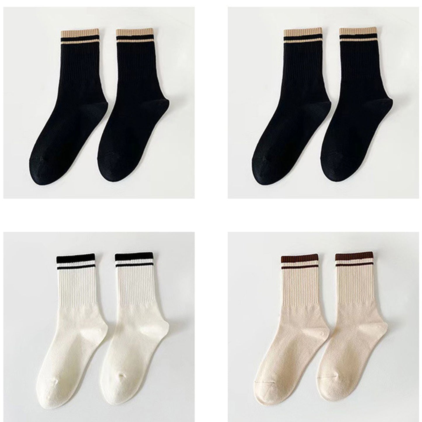 4-Pack Ribbed Crew Socks with Double Stripe Cuff Soft Stretch Fit in Neutral Tones