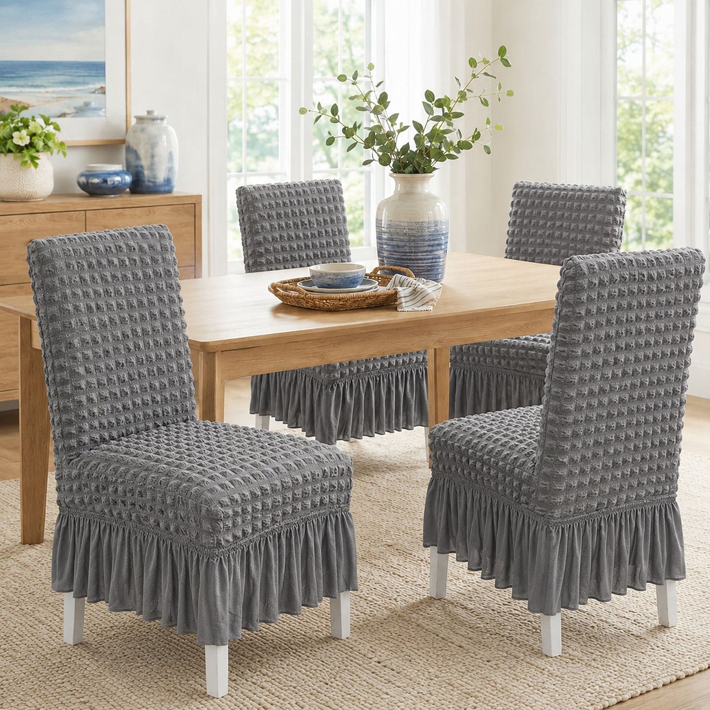 2 Pack Textured Stretch Dining Chair Covers with Ruffled Skirt