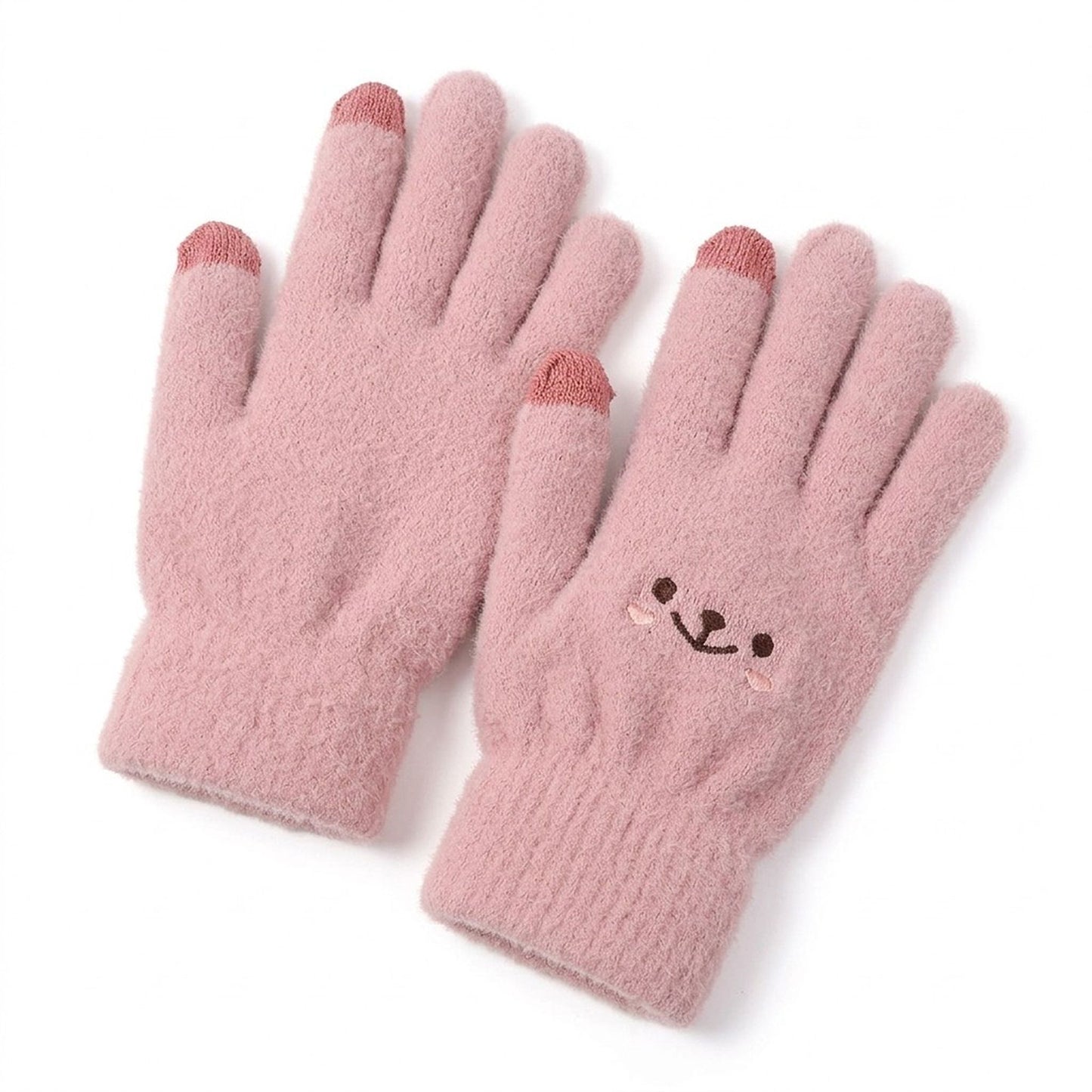 Fuzzy Knit Touchscreen Gloves with Embroidered Smiley Face