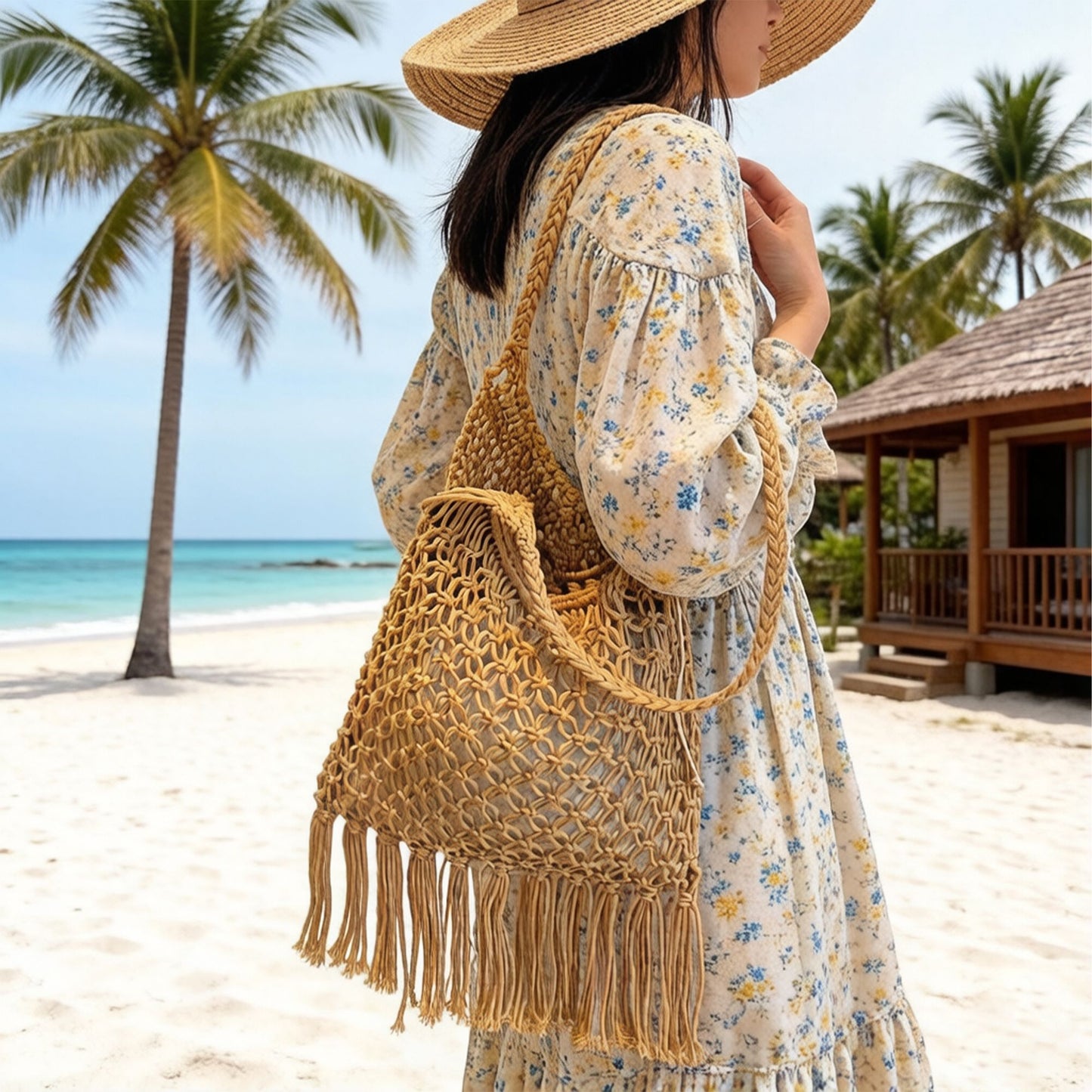 Crochet Fringe Shoulder Bag Open Knit Boho Tassel Handbag Lightweight Woven Crossbody Tote