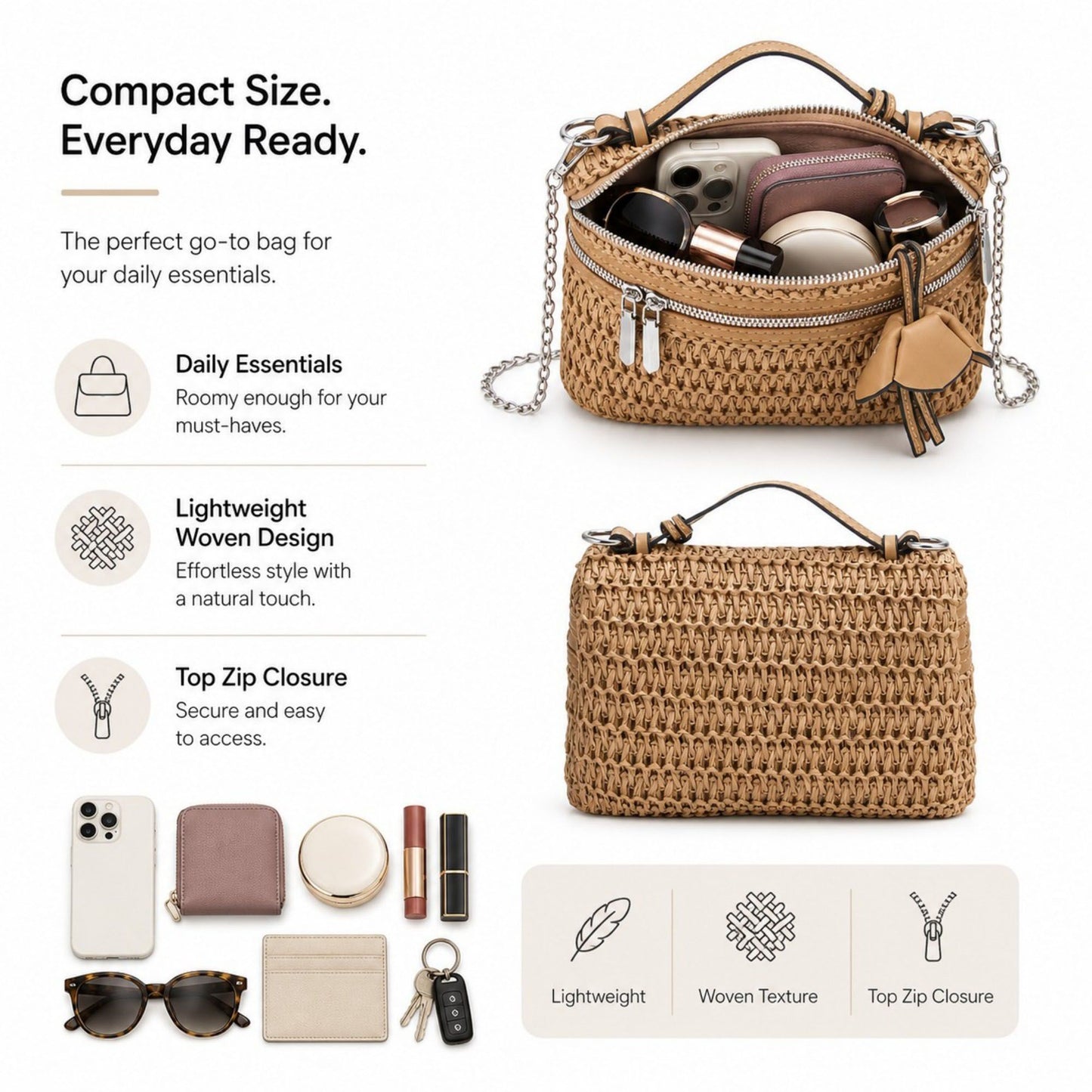 Straw Woven Crossbody Bag with Chain Strap