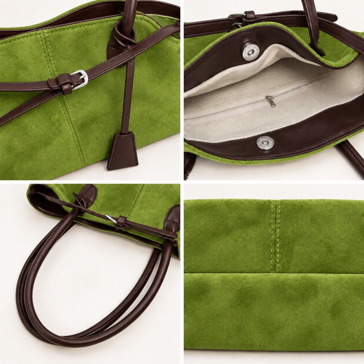 Large Suede Look Tote Bag with Double Handles Magnetic Closure and Interior Zip Pocket