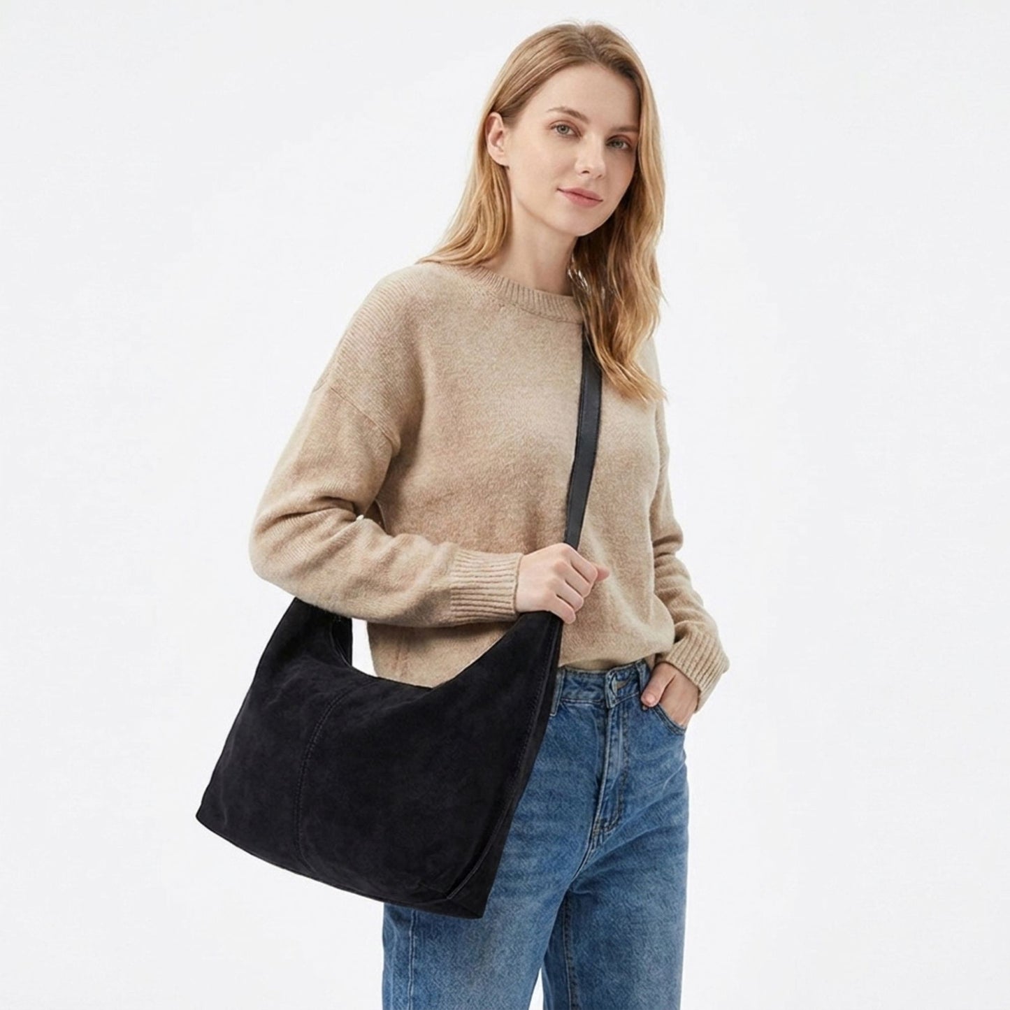 Slouchy Faux Suede Hobo Shoulder Bag with Zipper Closure and Adjustable Strap