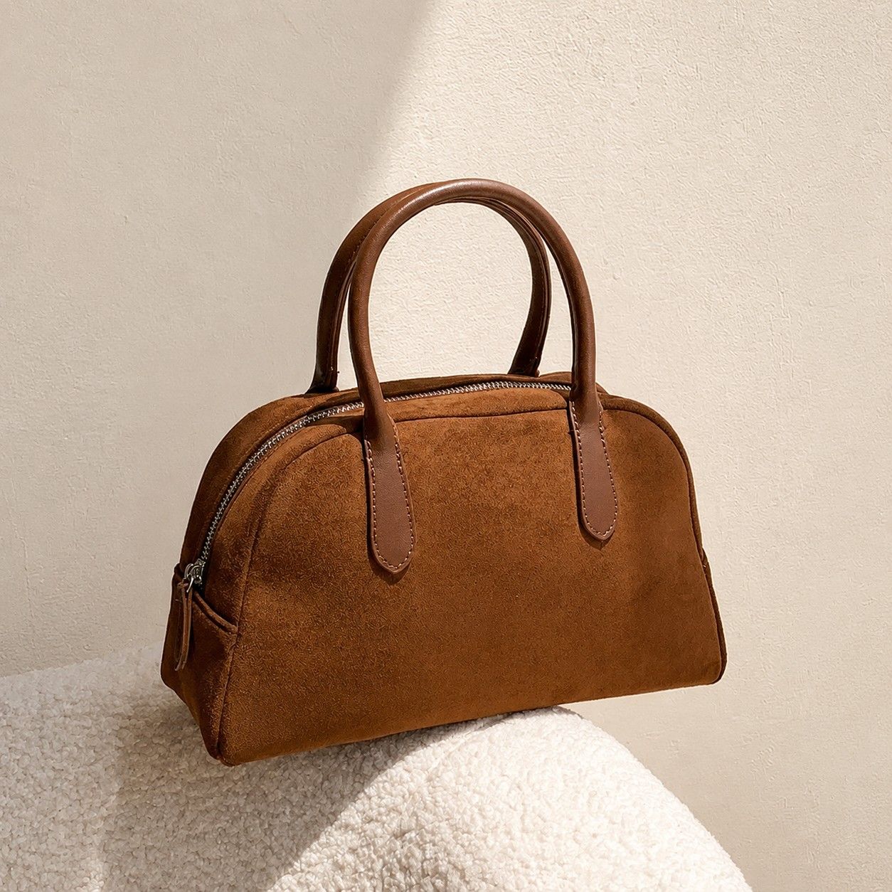 Faux Suede Satchel Bag with Double Handles Zip Closure and Interior Pockets