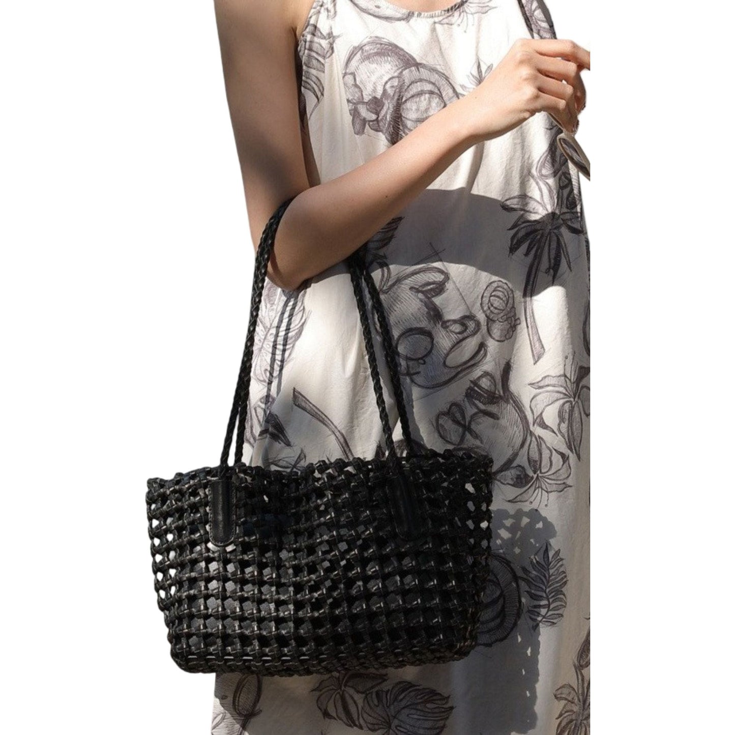 Open Weave Leather Tote Bag with Braided Shoulder Straps and Interior Zip Compartment