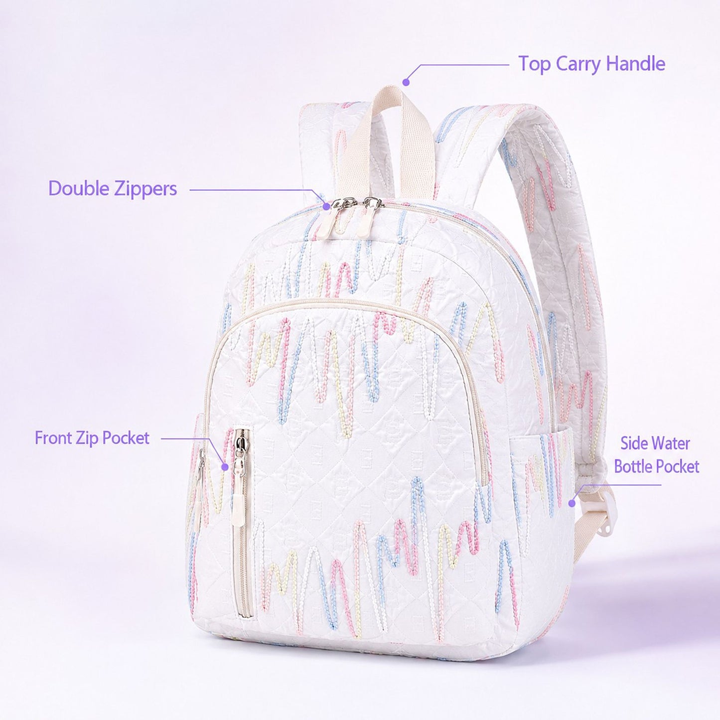 Quilted Backpack with Embroidered Pattern and Multiple Pockets