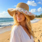 Wide Brim Straw Sun Hat with Pleated Sheer Brim Bow Accent and Floral Trim