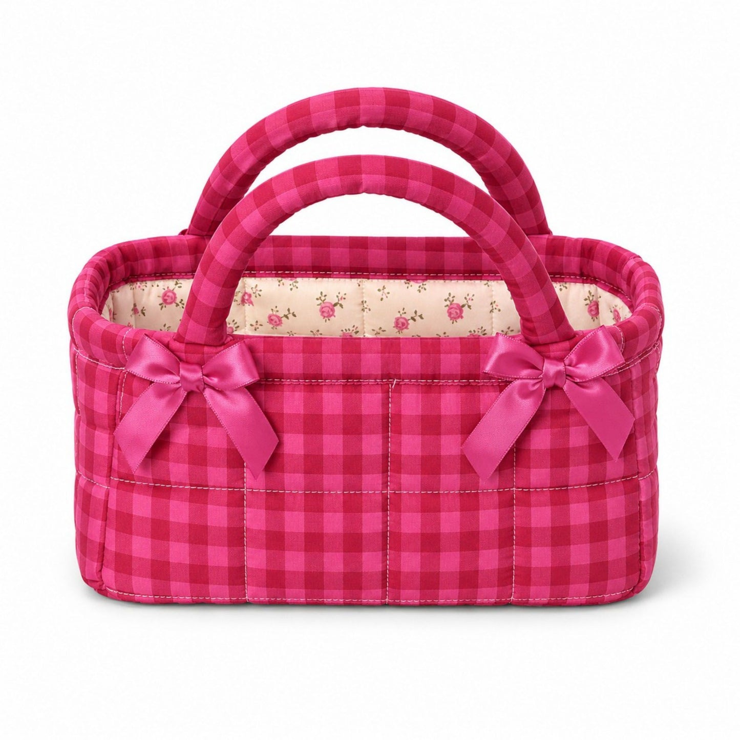 Quilted Gingham Storage Caddy with Handles Bow Accent for Makeup Vanity Dorm Bathroom Organizer