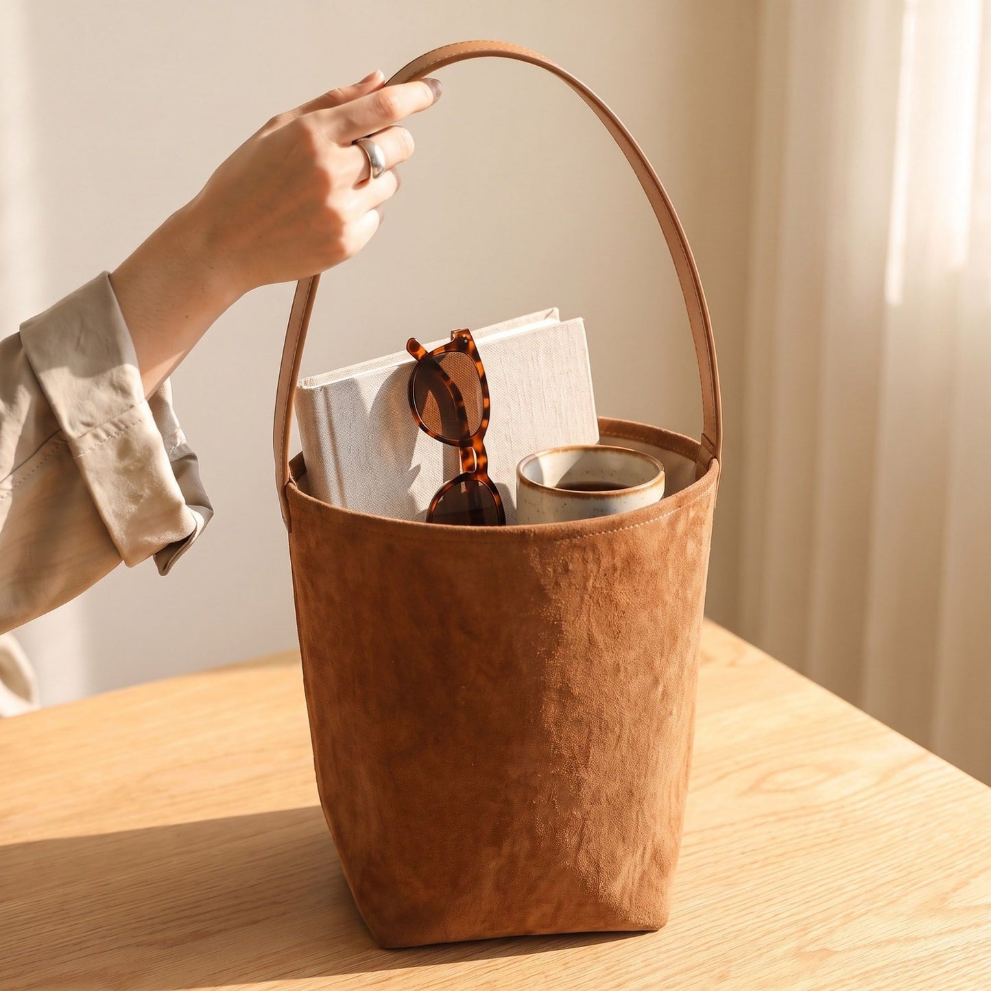 Faux Suede Bucket Shoulder Bag with Drawstring Pouch