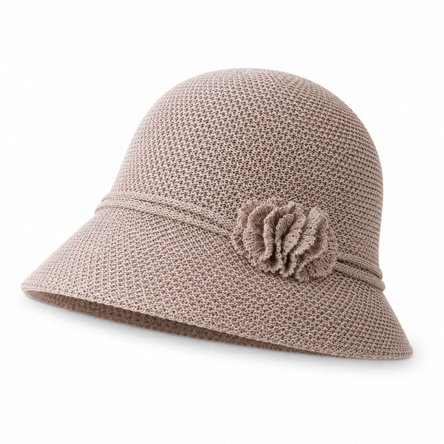 Woven Cloche Sun Hat with Floral Accent and Short Brim