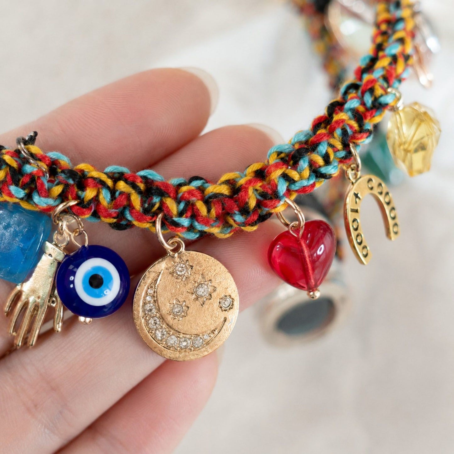 Boho Bag Charm Chain Multicolor Woven Purse Accessory with Tassels and Charms