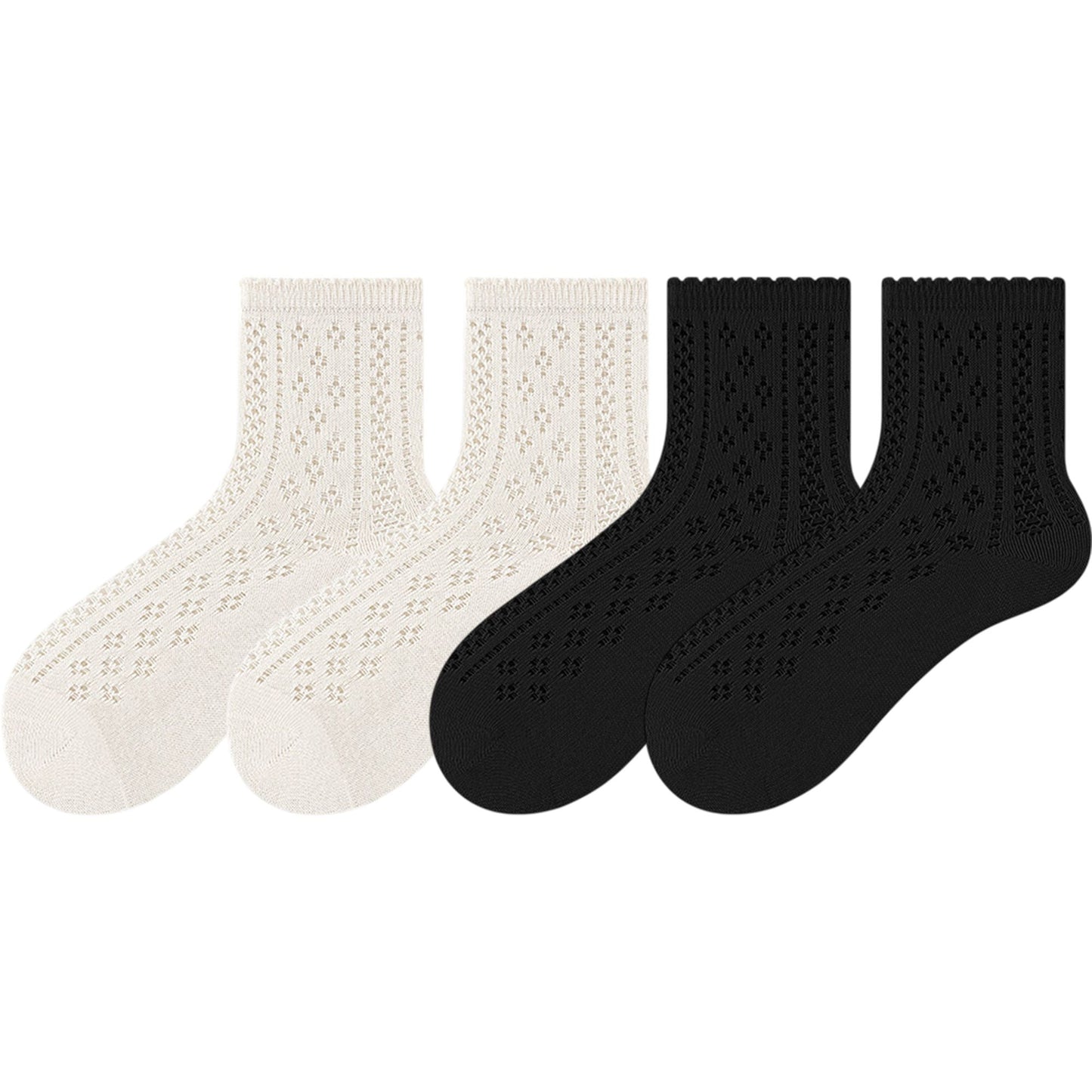 4 Pairs Women's Lace Knit Crew Socks Lightweight Breathable Mesh Style with Elastic Cuff in Assorted Patterns