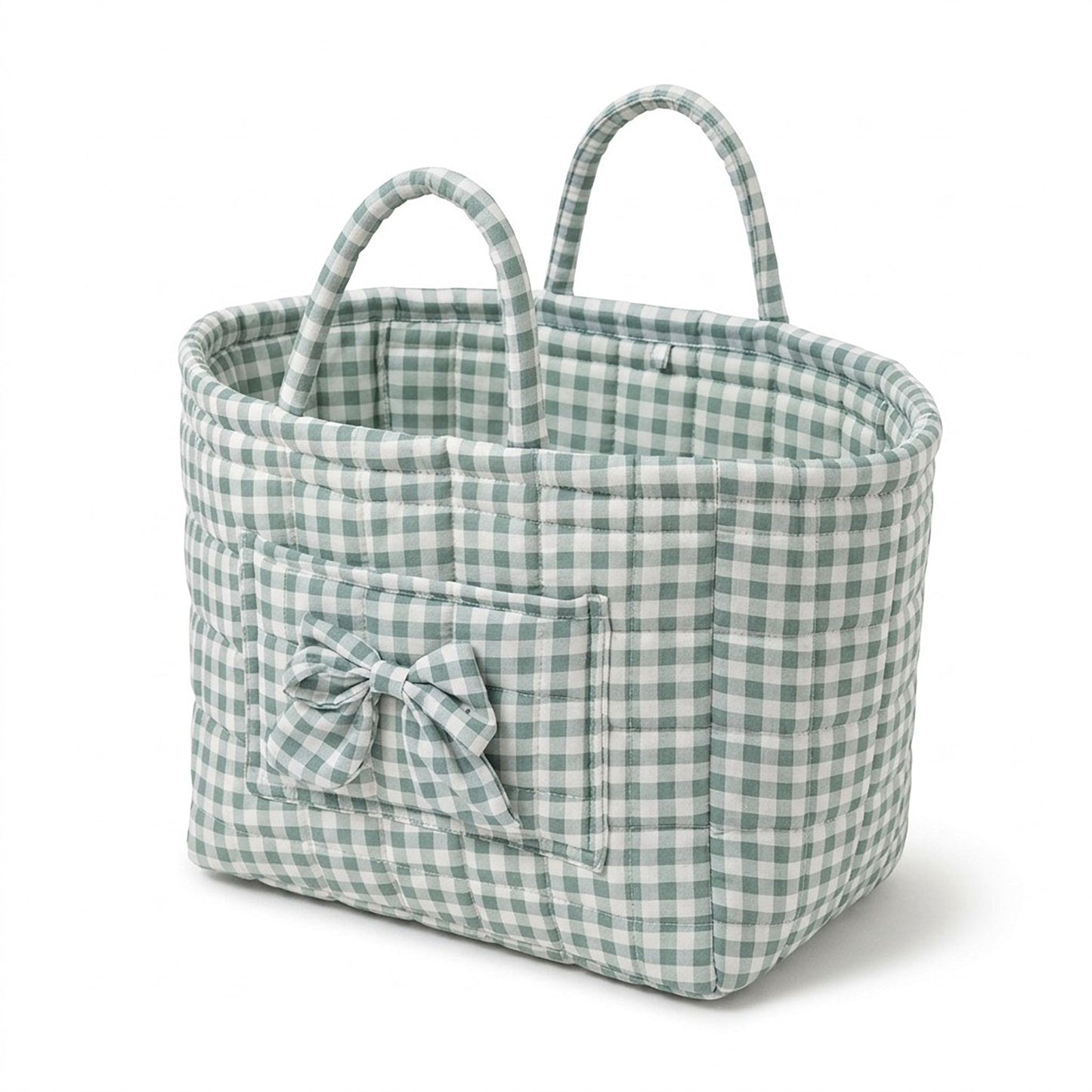 Gingham Quilted Storage Basket with Handles and Bow
