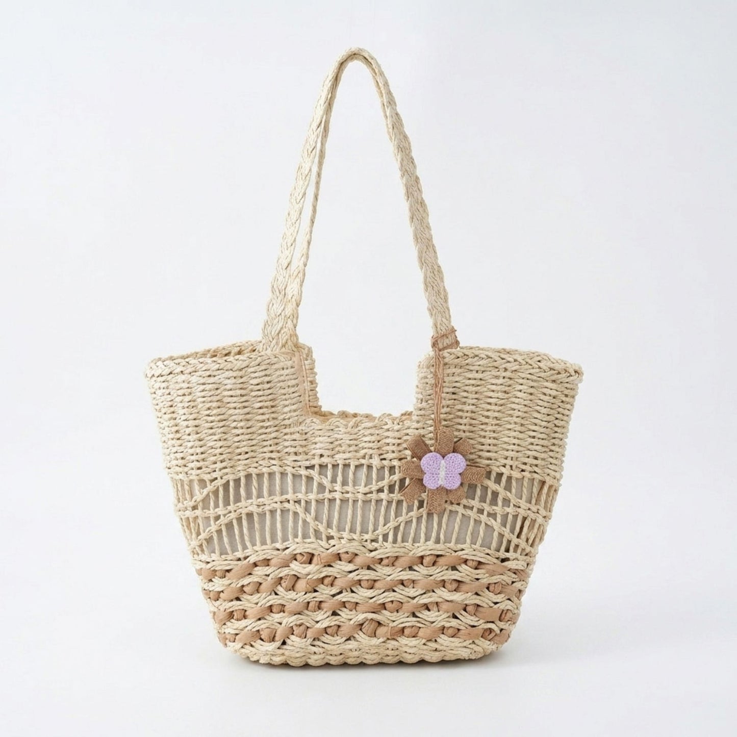 Woven Look Straw Tote Bag with Braided Handles and Charm Detail